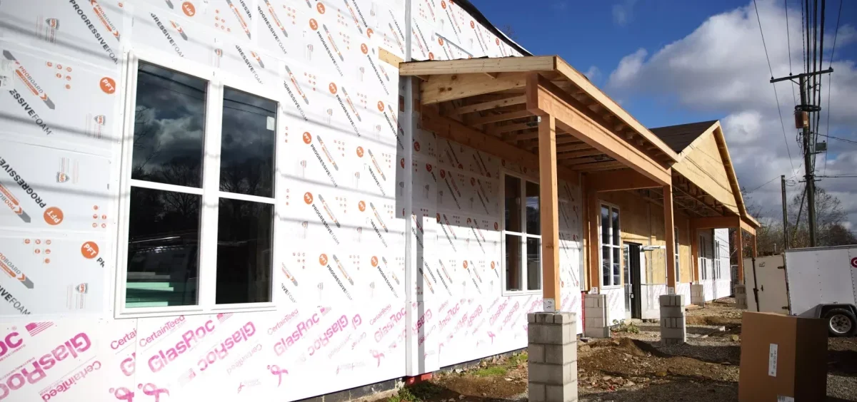 The new site for a day center and severe weather shelter in Wooster, Ohio, photographed during construction in November 2024.