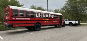 A Lifewise bus outside the Westerville Board of Education meeting.