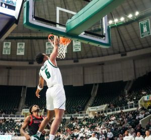 Elijah Elliot dunking the ball in the second half vs Ball State. 