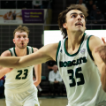 Vic Searls (#35) fights for a rebounds vs Morehead State on Dec. 7.