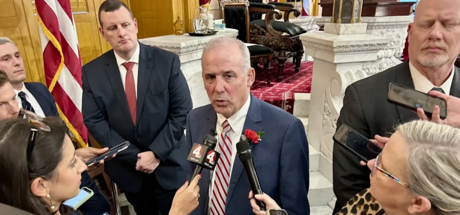 Ohio House Speaker Matt Huffman speaks to reporters