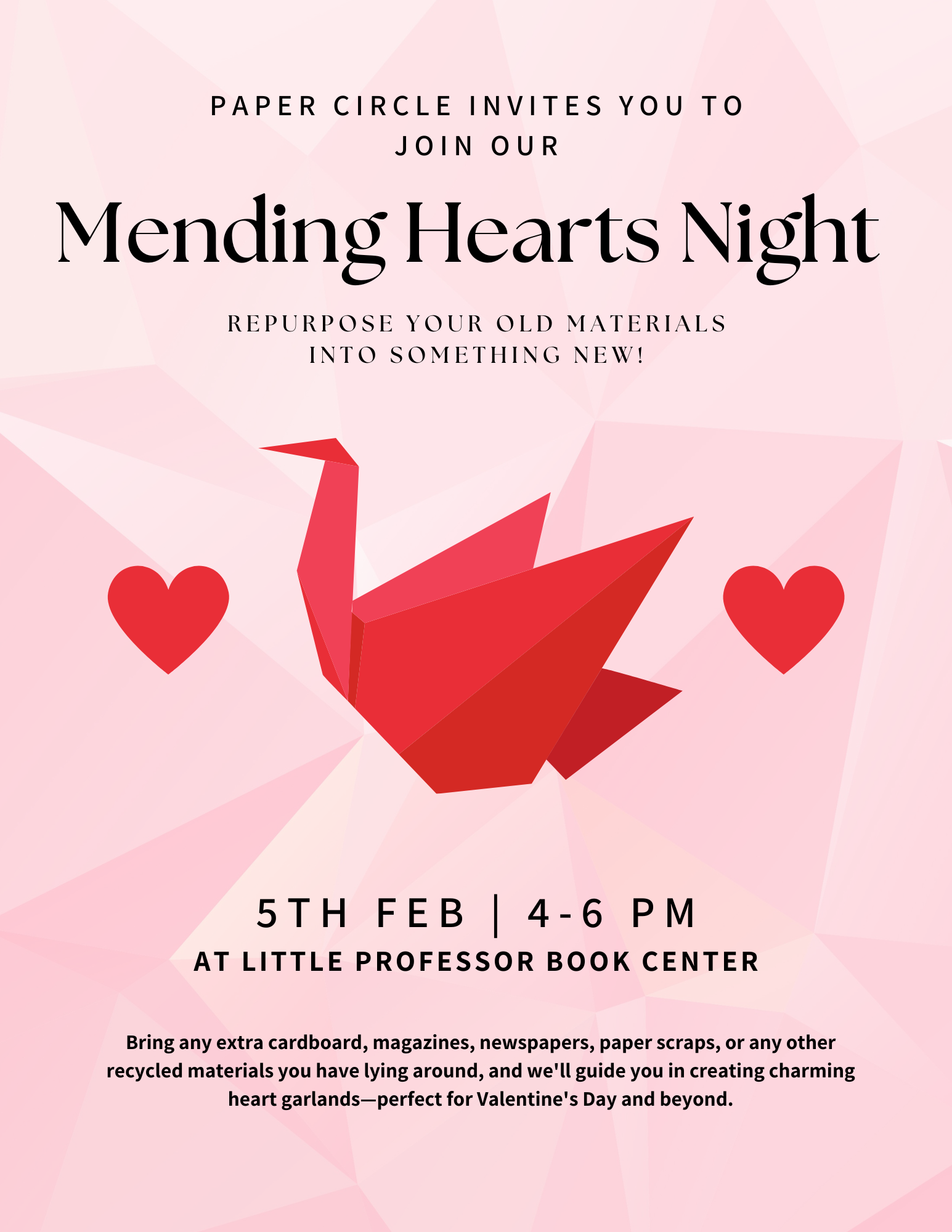 A flyer for the mending hearts night event at little professor.