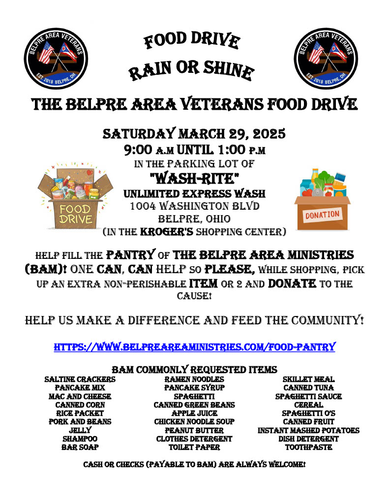 A flyer for the Belpre food drive event.