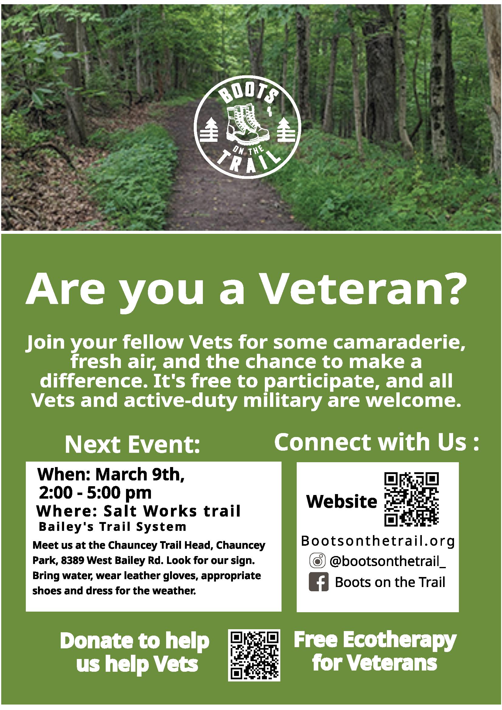 A flyer for an event for veterans within the Bailey Trail System.