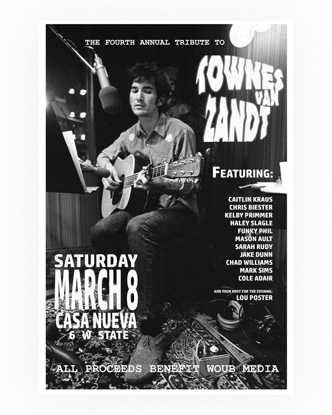 An image advertising the fourth annual Townes Van Zandt tribute benefit for WOUB Public Media.