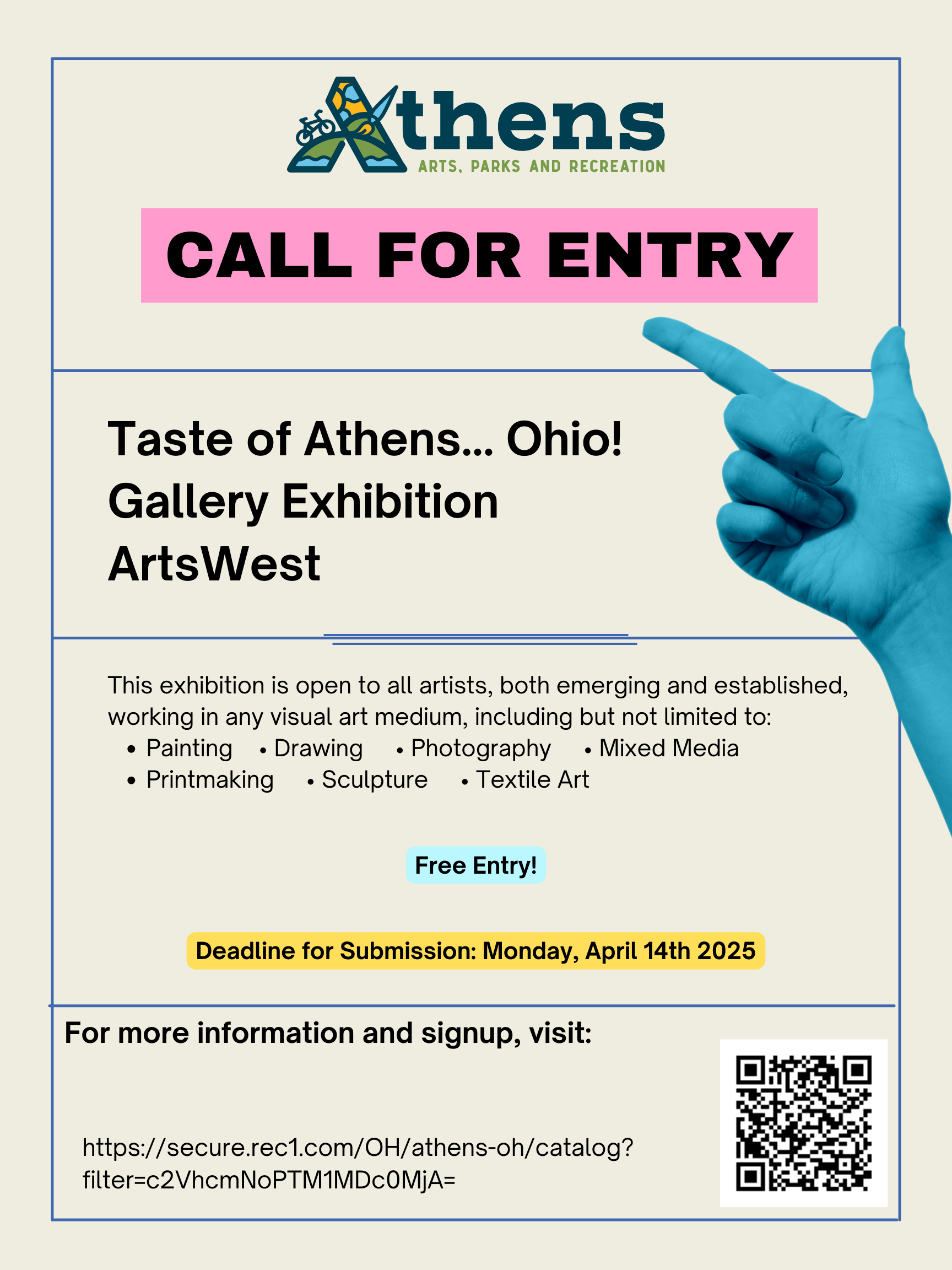 A flyer for a call for entries for an exhibition at Arts West.