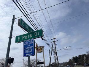 The street sign at the corner of East State Street and East Park Drive in Athens.