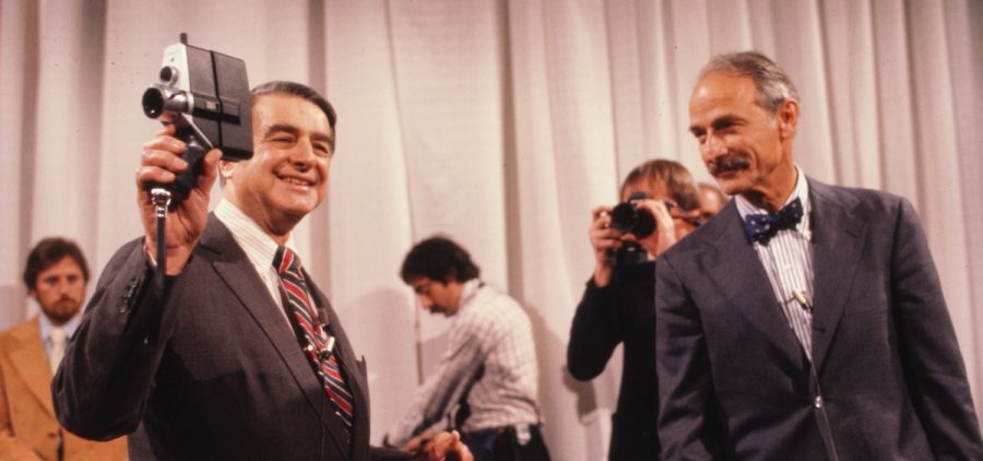 Edwin Land holding Polavision camera with Bill McCune. Credit: Library of Congress