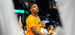 New Ohio Men's Basketball forward Javan Simmons gets introduced for Toledo prior to the 2025 MAC Championship quarterfinals.