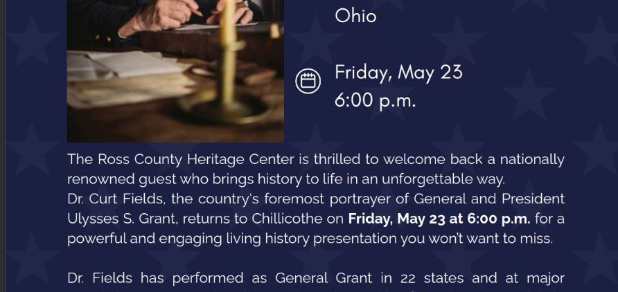 An image advertising the an evening with Ulysses S. Grant event.