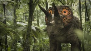Picture Shows: VFX - Landscape Adult Triceratops with colourful eyespots possibly created by flushing blood into the frill