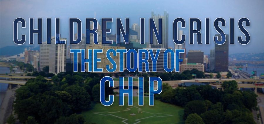 Title "Children In Crisis: The Story of Chip" over top the city of Pittsburgh