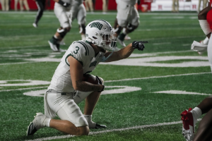 Bobcats receiver Max Rodarte after making one of his two catches vs Rutgers.