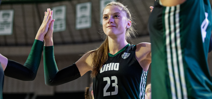 Ohio junior Olivia Gardner walking onto the court before the team's match against Eastern Illinois.
