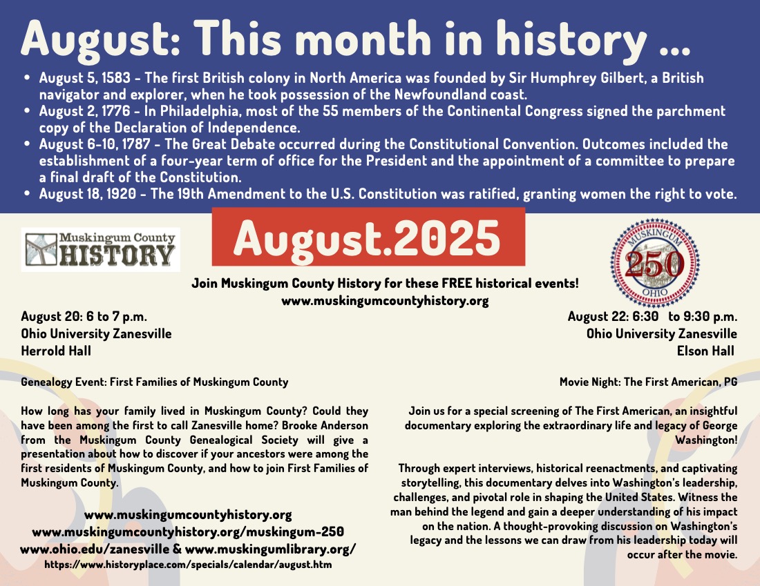 An image with information about Muskingum County History events in August 2025.