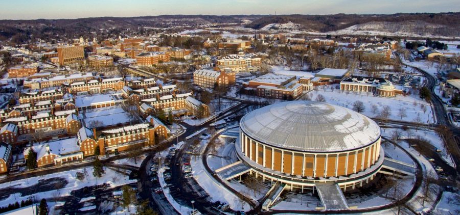 Ohio University seen from an aerial shot with snow on the ground.