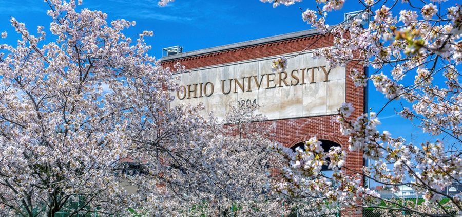 Cherry Blossoms bloom along the Adena Hockhocking Bike Path as they go by Peden Stadium on Ohio University's campus. A brick and slate sign reads "Ohio University 1804."