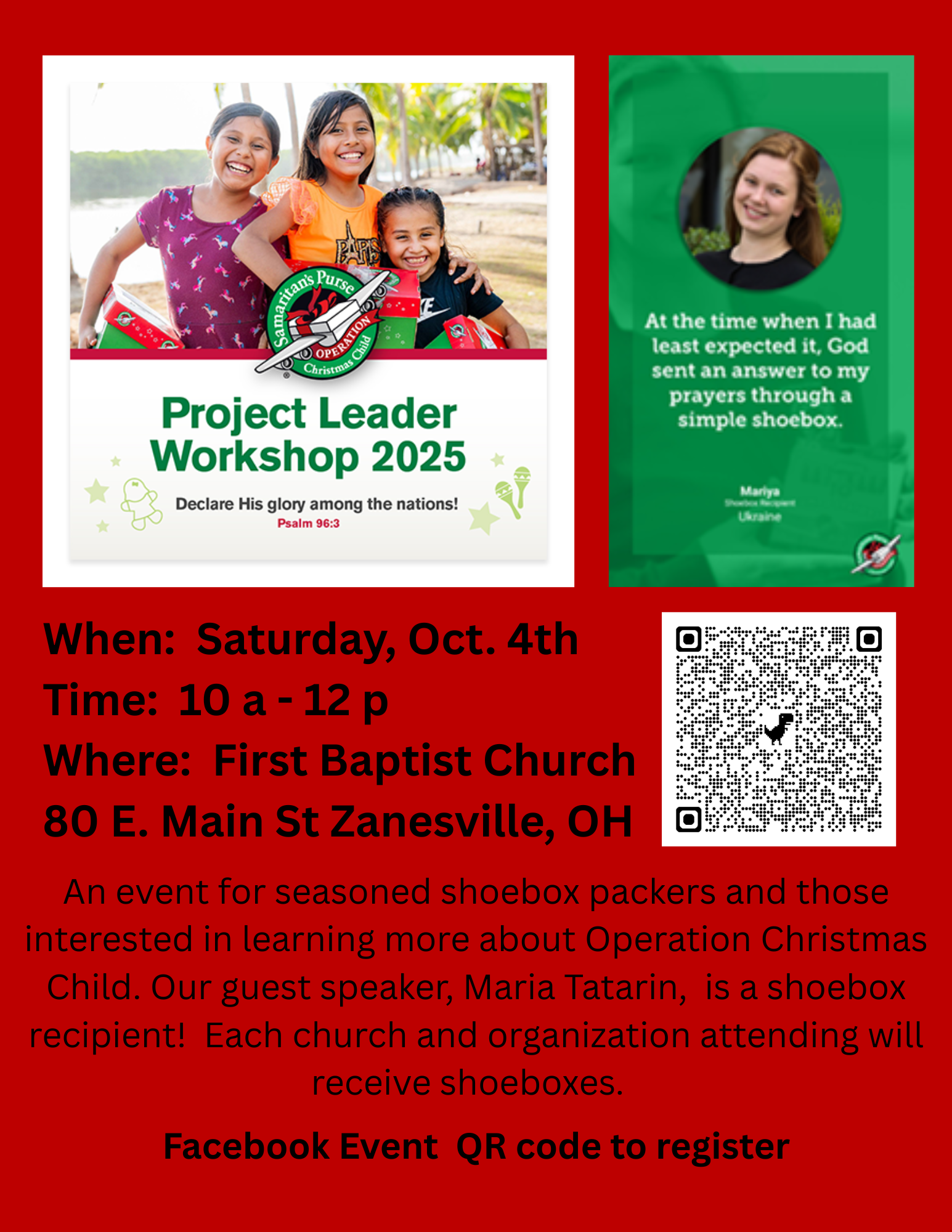 A flyer for the Operation Christmas Child Program Leader meeting.