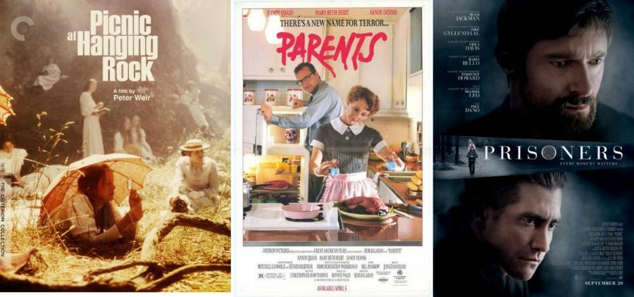 A combination image of film posters for "Picnic at Hanging Rock," "Parents," and "Prisoners."