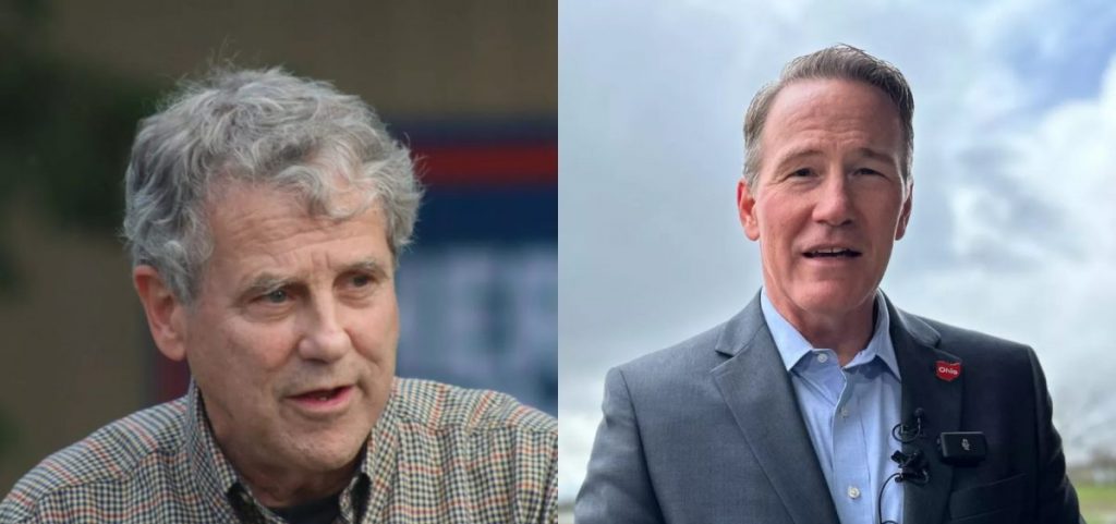 Photos of Sherrod Brown (left) and Sen. Jon Husted (right) side-by-side.