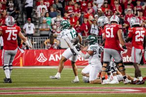 Ohio defensive lineman Jay Crable and Austin Mitchell celebrating Ohio's fourth quarter interception vs OSU.