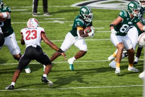 Sieh Bangura (5) rushing through the Gardner-Webb defense during Ohio's 52-35 win.