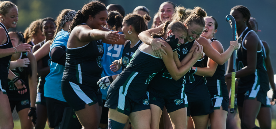 The Ohio Field Hockey team celebrating a 1-0 win over No.11 UMass.