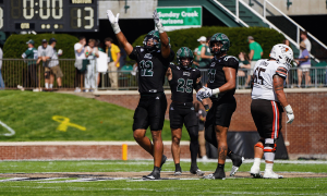 Jay Crable (12) celebrating a stop the Ohio defense made against Bowling Green.