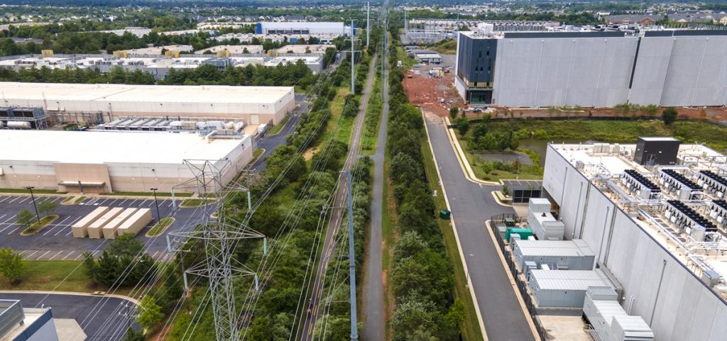 High-voltage transmission lines provide electricity to data centers in Ashburn in Loudon County, Virginia.