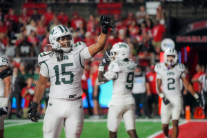 Ohio defensive lineman Anas Luqman celebrating a defensive stop vs Rutgers.