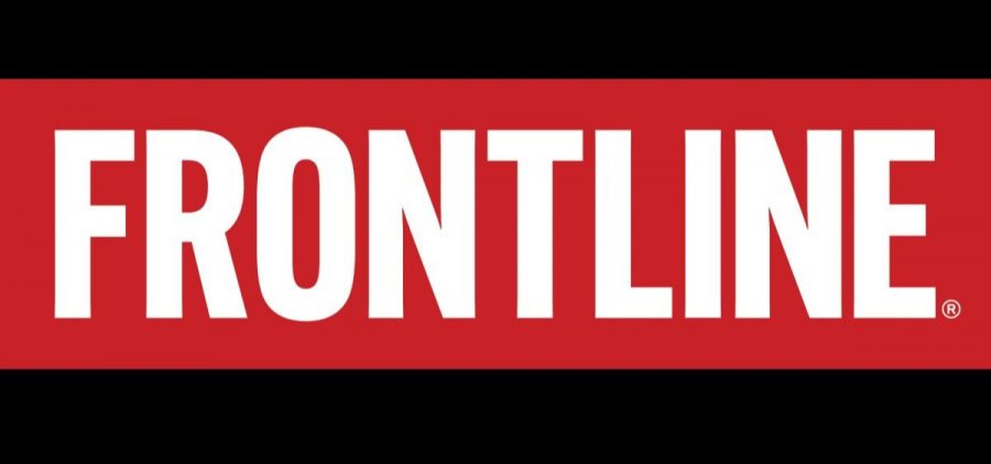 White text reading FRONTLINE on a red background, on a black background.