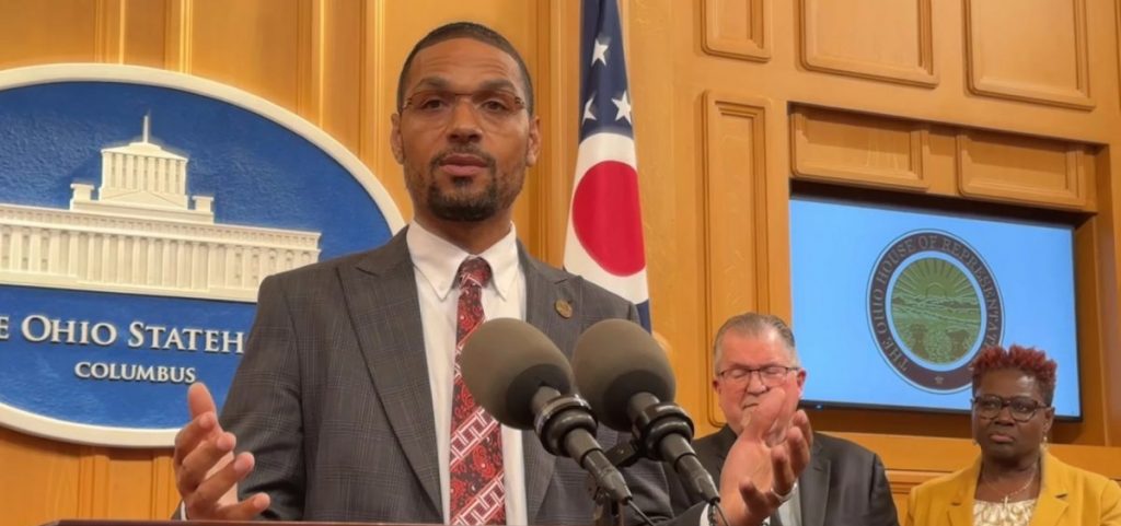 Rep. Josh Williams talks about his Tithing Protection Act at a press conference