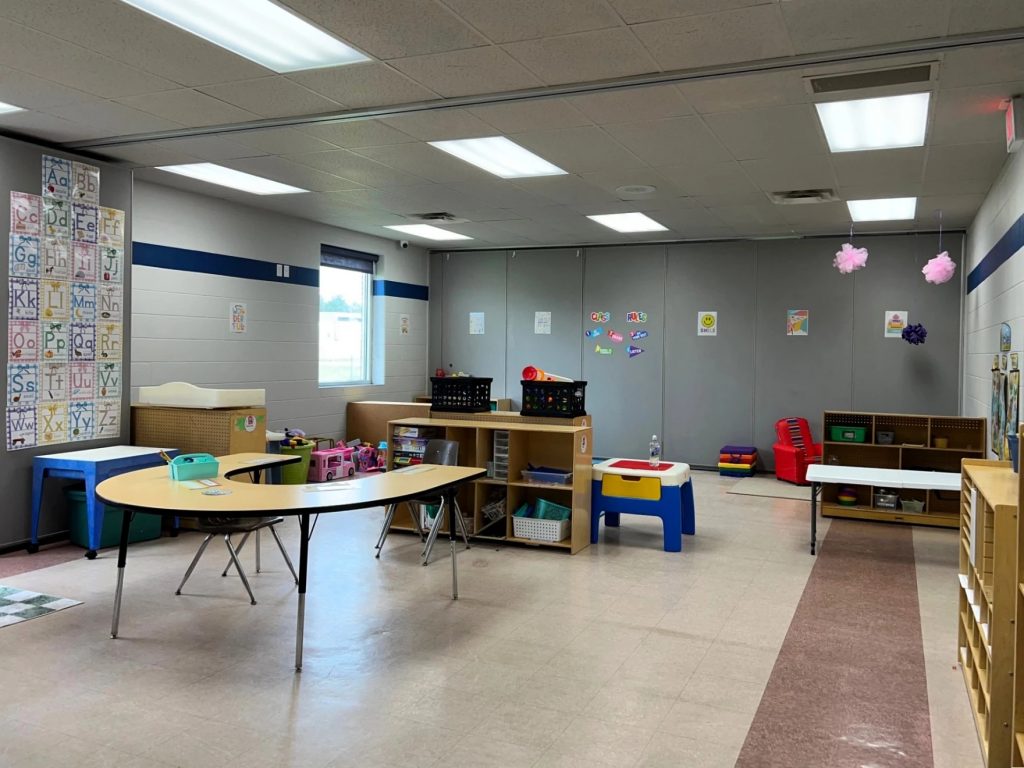 A classroom at the M1Kids Academy in Mansfield is full of kids' toys and decorated with the letters of the alphabet.