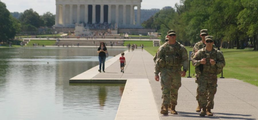 National Guard members on the National Mall near the Lincoln Memorial in Washington D.C.