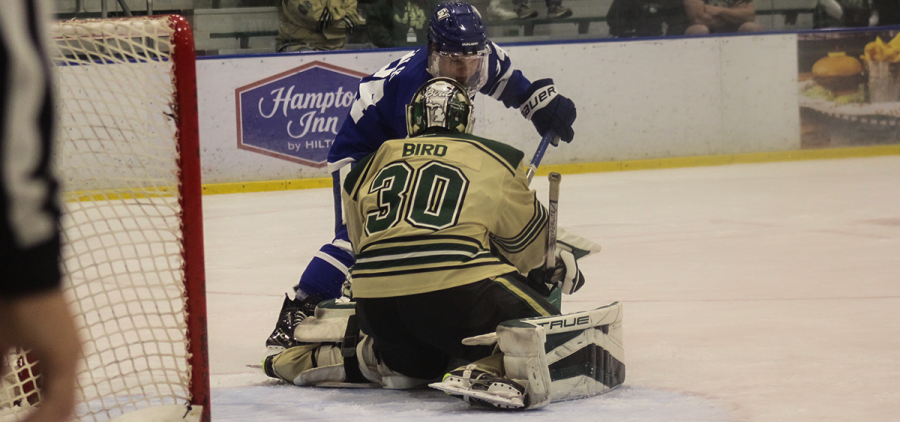 Ohio Hockey goalie Scott Bird making a save in Ohio's second game against GVSU.