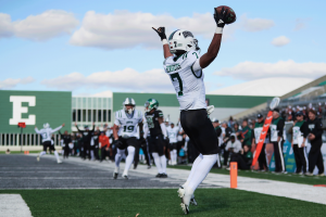 Ohio receiver Chase Hendricks celebrating after his second TD vs Eastern Michigan.