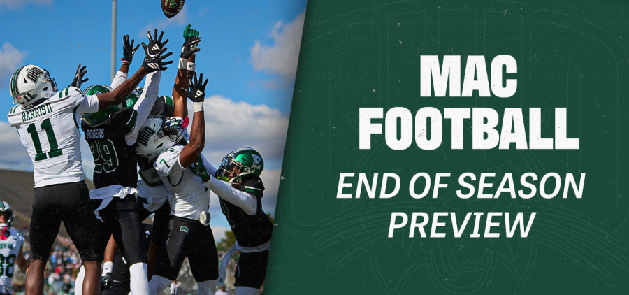 Ohio and Eastern Michigan players jumping for a pass in their meeting on Oct. 25.