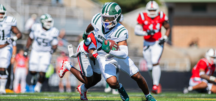 Ohio receiver Chase Hendricks rushing down the field after a catch against Ball State.