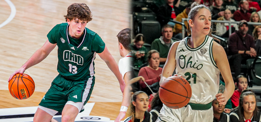 Left: Jackson Paveletzke handling the ball in Ohio's exhibition against Ohio State | Right: Bailey Tabeling dribbling in a game against Miami.