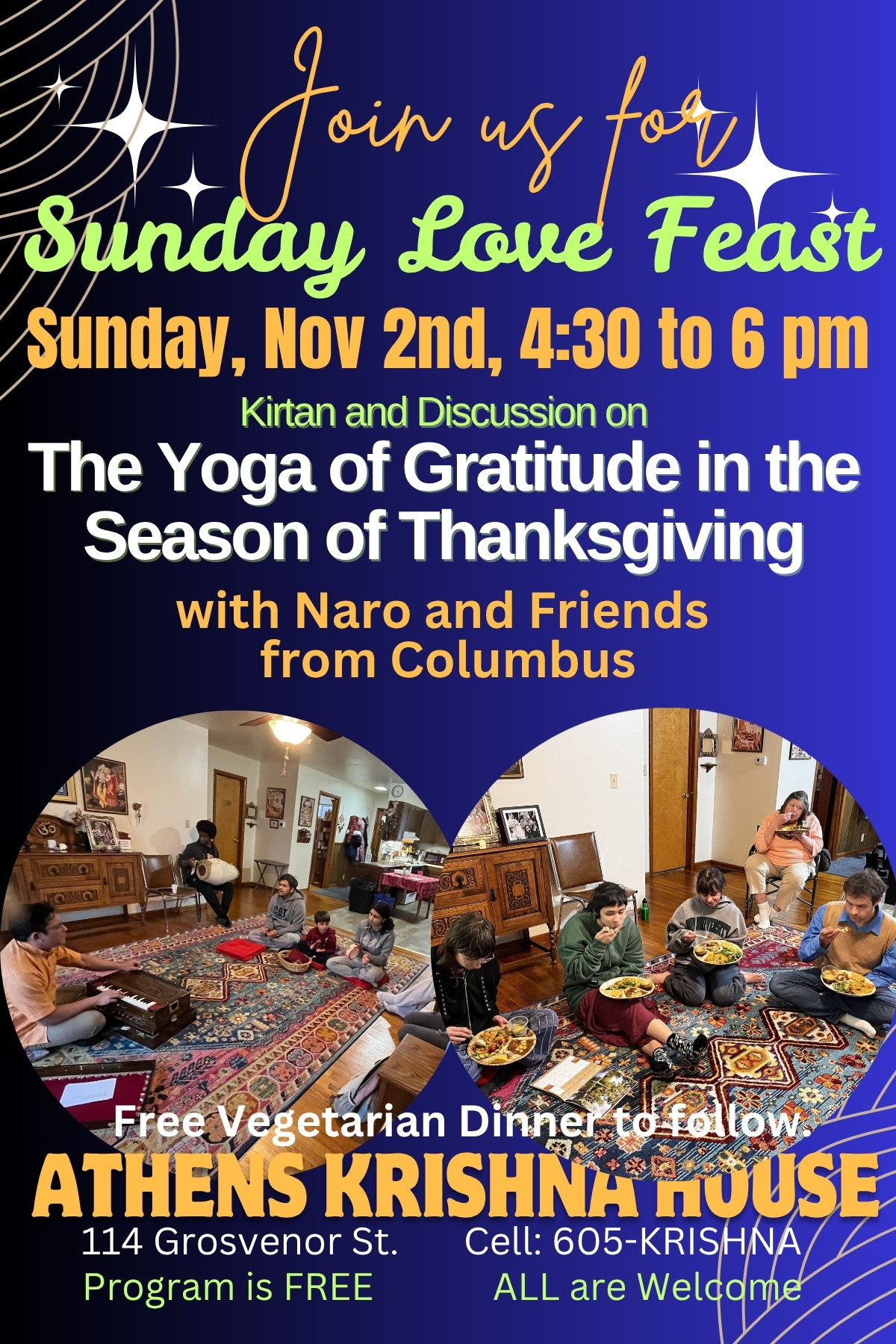 An image with information about Athens Krishna House's Sunday Love Feast event.