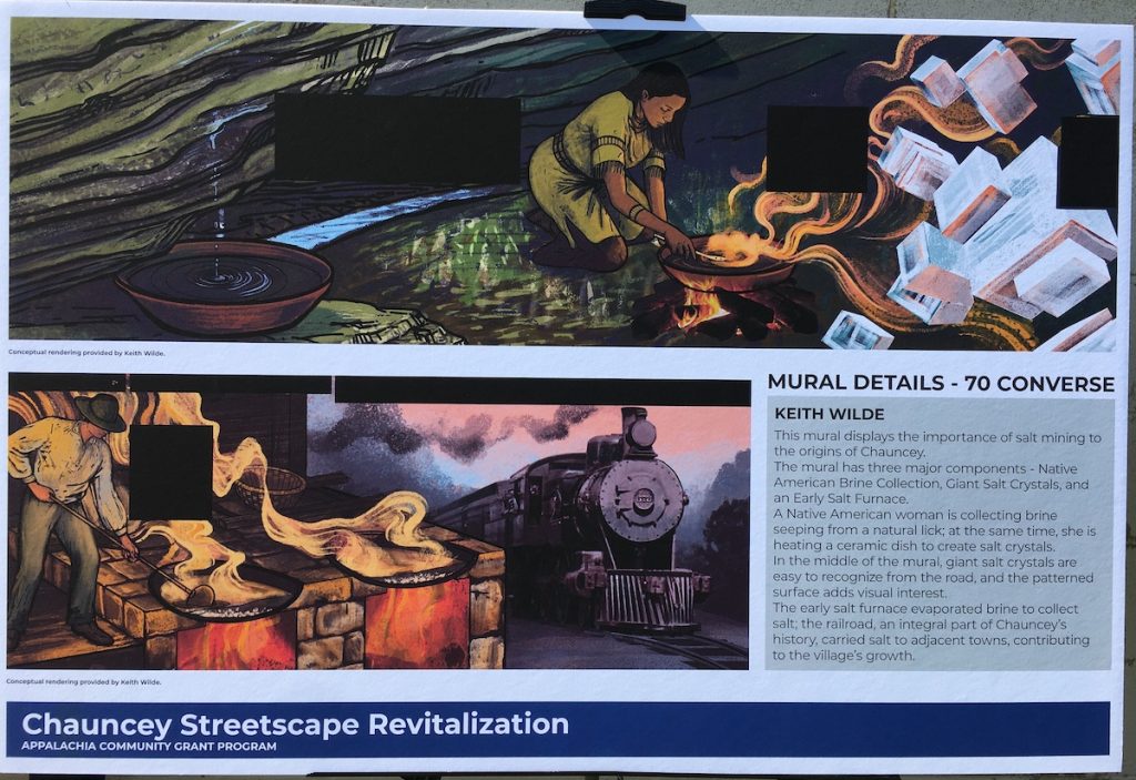 A signboard shows a conceptual rendering of scenes from a mural that will be painted on the wall of a building on Converse Street in Chauncey as part of a streetscape beautification project.