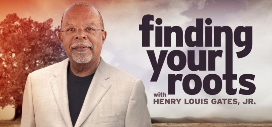 Henry Louis Gates Jr. is pictured with a free behind him and the program title to the right of him. He is wearing no rim glasses, a black shirt and a tan suit.