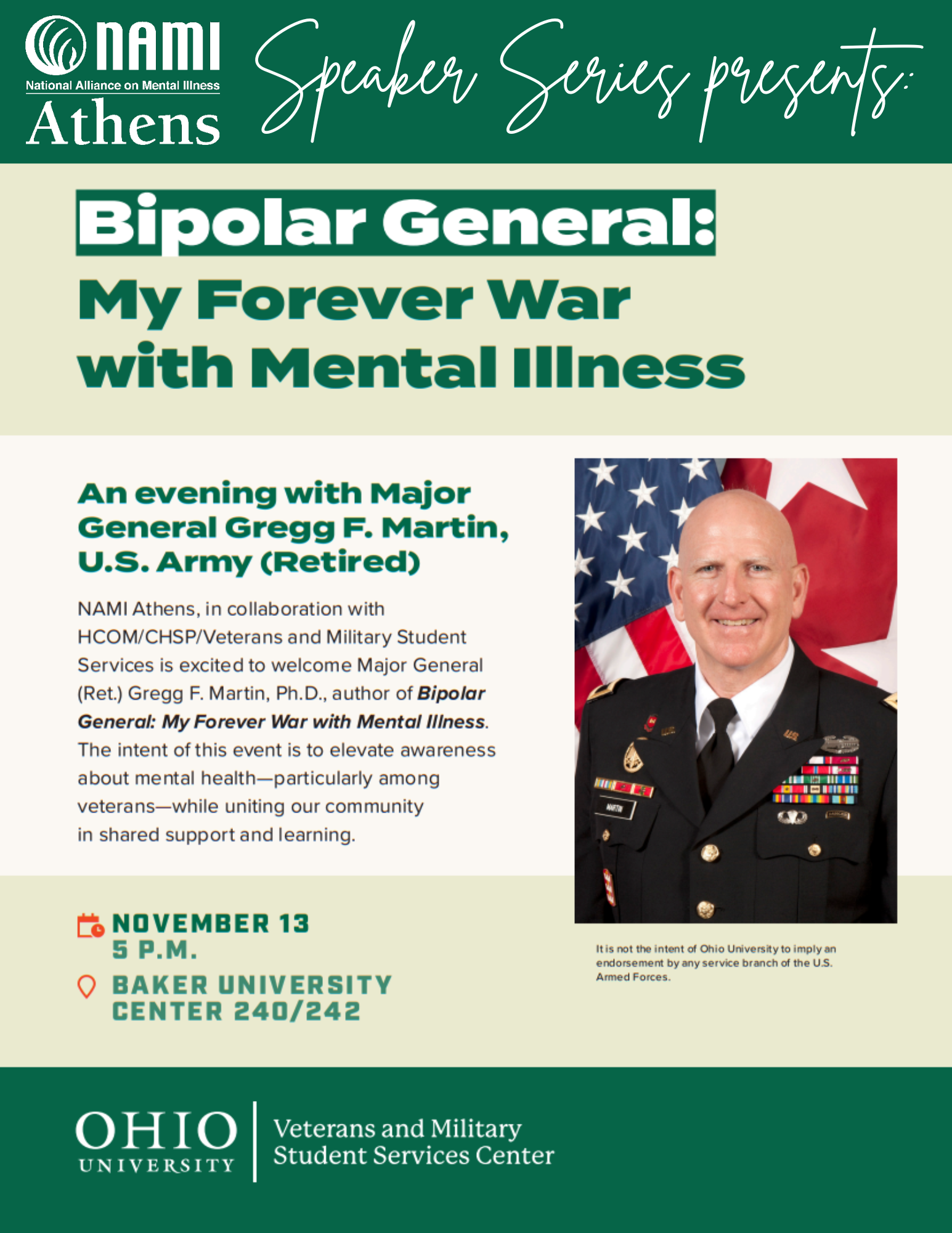 A flyer with information about an upcoming event featuring General Martin.