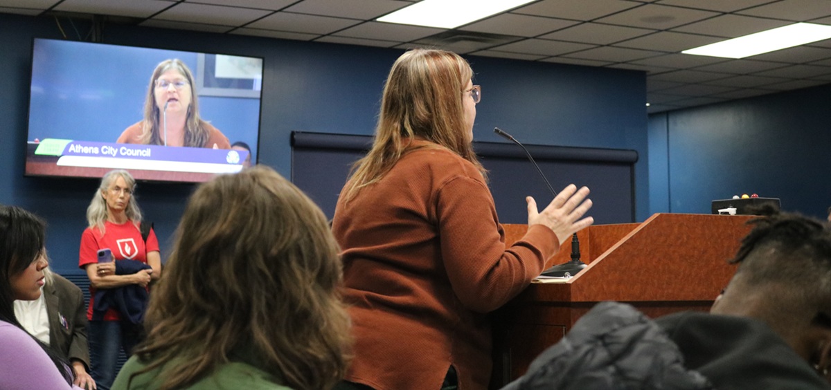 Ginger Schmalenberg speaks at a city council meeting on October 20, 2025.