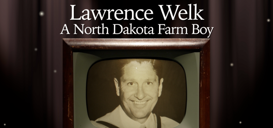 A young Lawrence Welk pictured on a traditional wood-box TV set with the program title displayed above.
