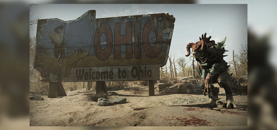 An armored Deathclaw from the video game Fallout 76 stands next to a sign with Ohio in big letters and then Welcome to Ohio under that.