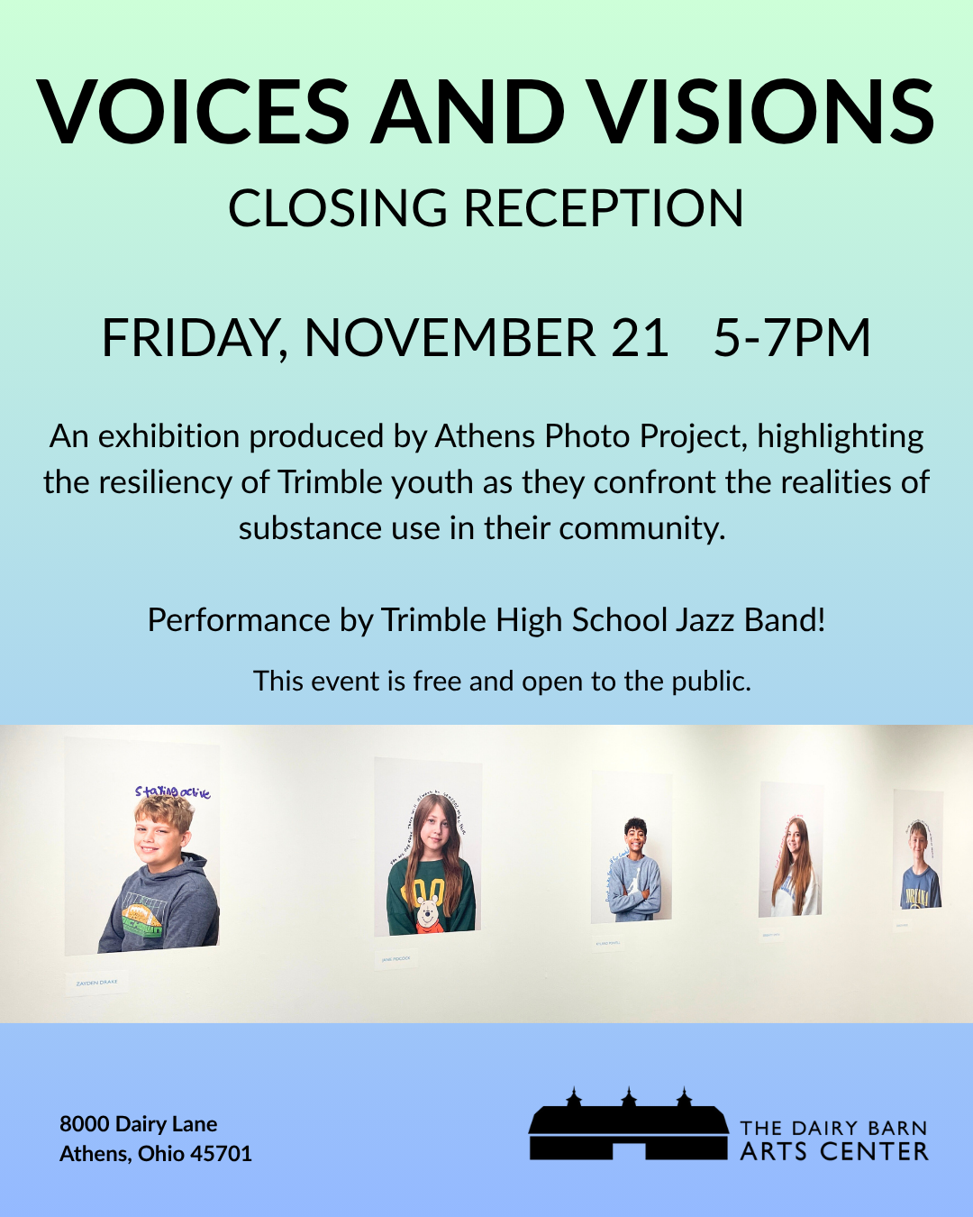 A flyer for the "Voices and Visions" closing reception.