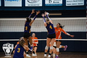 Indian Mya Williams blocks at the net