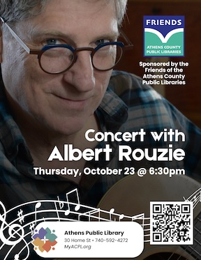 An image of a poster with information about an upcoming event featuring local songwriter Albert Rouzie.