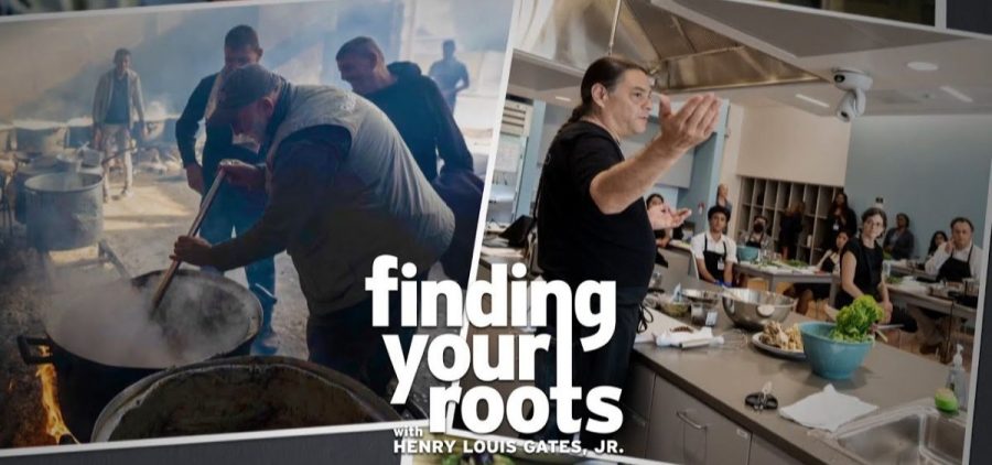 Two pictures displayed behind text that reads "finding your roots with Henry Louis Gates, Jr. The picture on the left shows large cauldrons over open fire with a man holding a large stick to stir the food inside. Other people are pictured watching in the background. The second picture on the right shows a man teaching a cooking class with students in the background watching him.